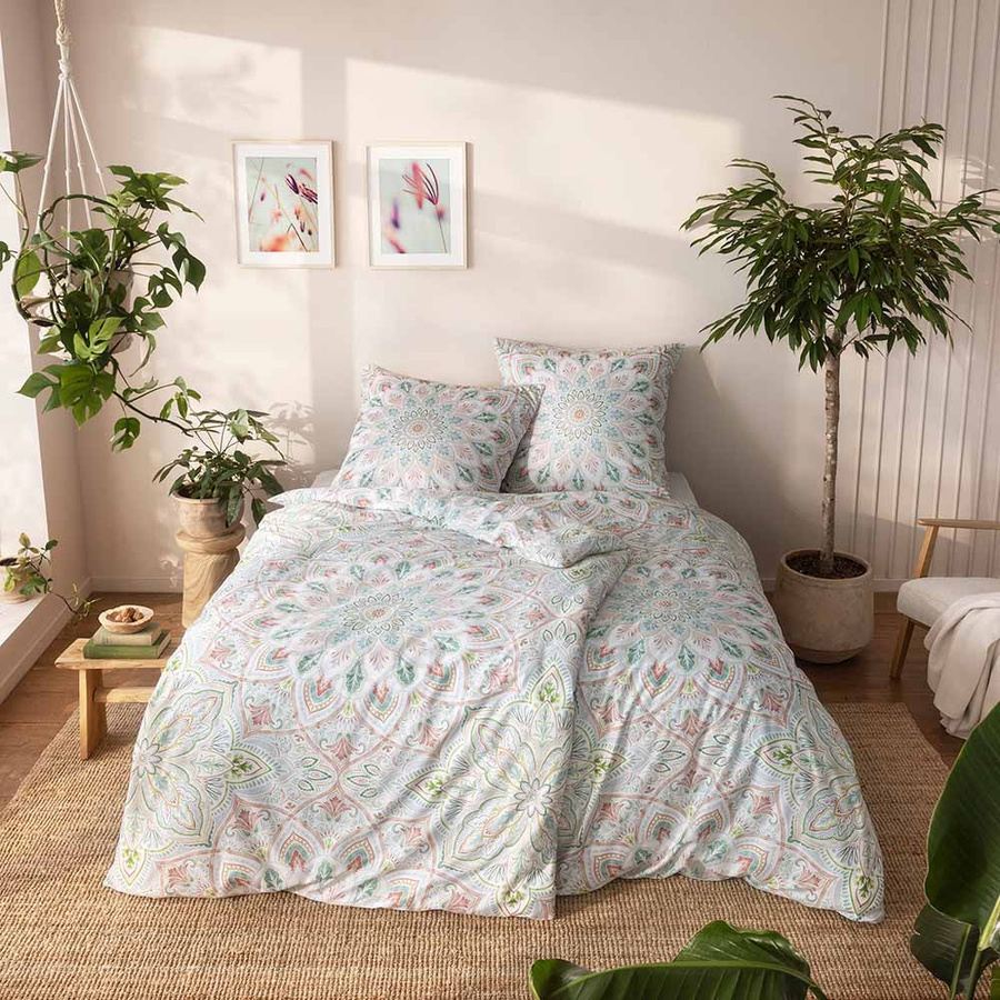 Estella Bio Mako Satin Bettwäsche Jamiro Gras Mandala Orient in Grün, B/H: 155 x 220 cm mit Kissenbezug 80 x 80 cm - Bild 1