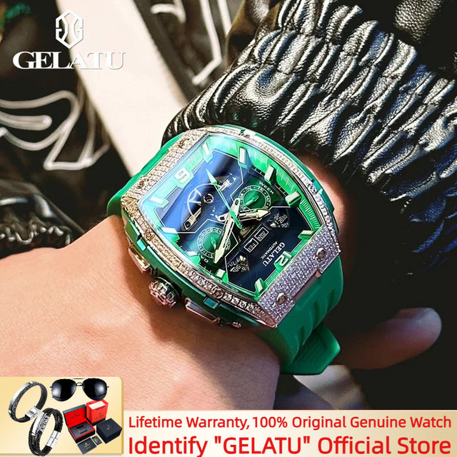 GELATU Armbanduhr, Automatik, Diamant, Silikonarmband, Herren, Grün - Bild 1