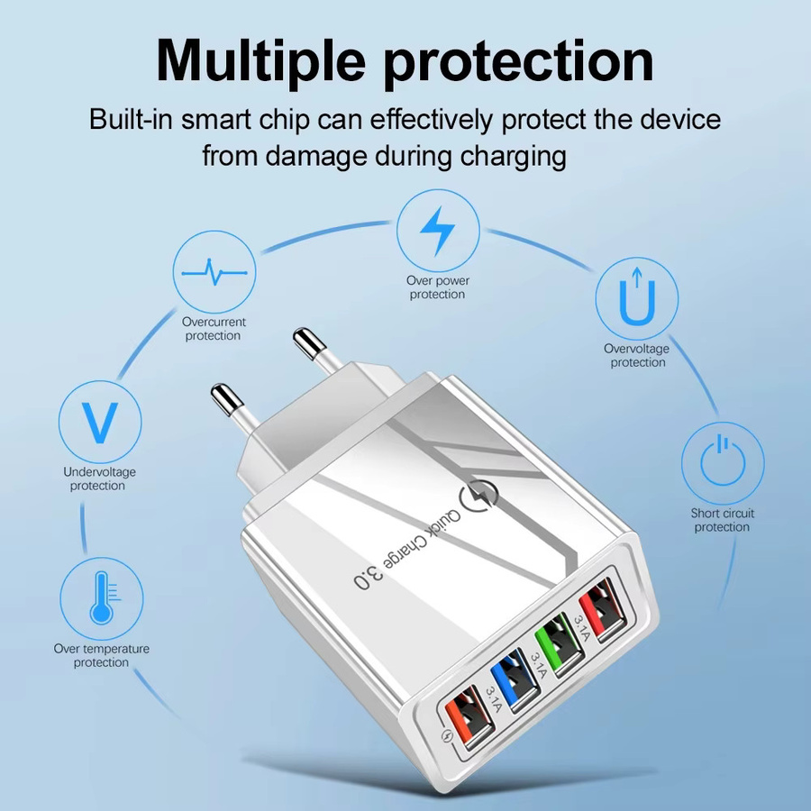 Wocoolsi USB Schnellladegerät mit 4 USB-A Ports und 3.0 Schnellladefunktion für Smartphone und Tablet mit EU-Stecker - Bild 1