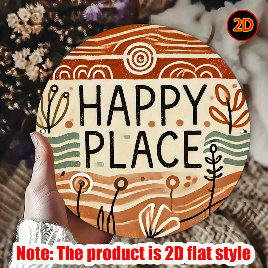 Potdemiel Rundes Metallschild Happy Place mit buntem abstraktem Design im Vintage-Stil, Durchmesser: 19,99 cm - Bild 2