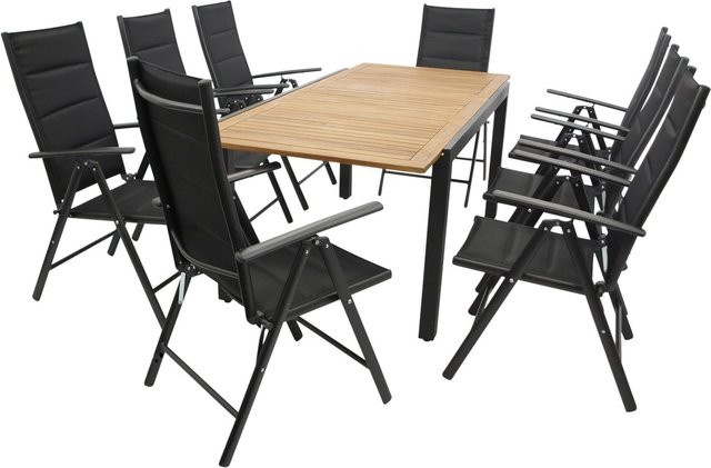 DEGAMO Garten-Garnitur MILOS 9-teilig aus Alu, Akazie und Kunstgewebe in Schwarz und Anthrazit mit ausziehbarem Tisch - Bild 1