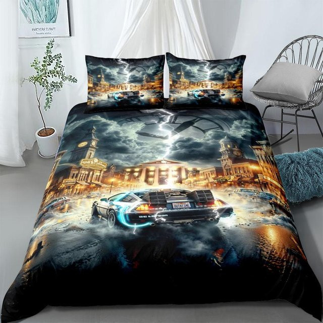 Zurück in die Zukunft Sci-Fi Bettwäsche-Set aus Leinen, 3-teiliges Einzelbett-Set, B/H: 135 x 200 cm - Bild 1