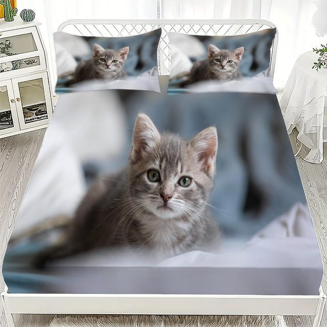 Bettwäsche-Set mit 3D Hund und Katze Motiv von Your Warm Home, atmungsaktives Microfaser-Spannbettlaken-Set in Multicolour, B/T/H: 90 x 200 x 25 cm - Bild 1