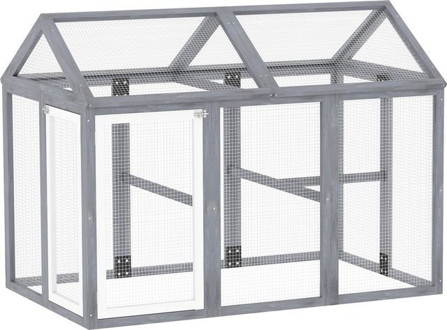 PawHut Hühnergehege Aosom mit eingezäuntem Auslauf und abschließbaren Türen aus grau lackiertem Massivholz für 1-3 Hühner, B/T/H: 140 x 88,5 x 106 cm - Bild 1