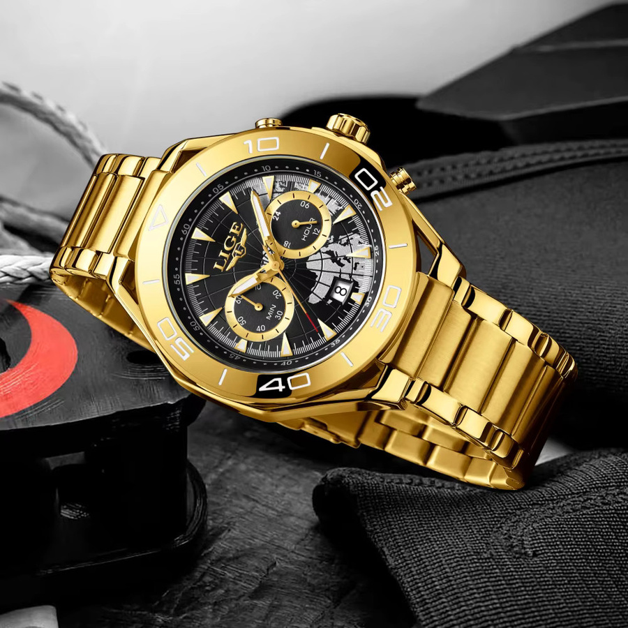 LIGE Armbanduhr Edelstahl, Quarz, Gold, Herren, Wochentagsanzeige - Bild 5