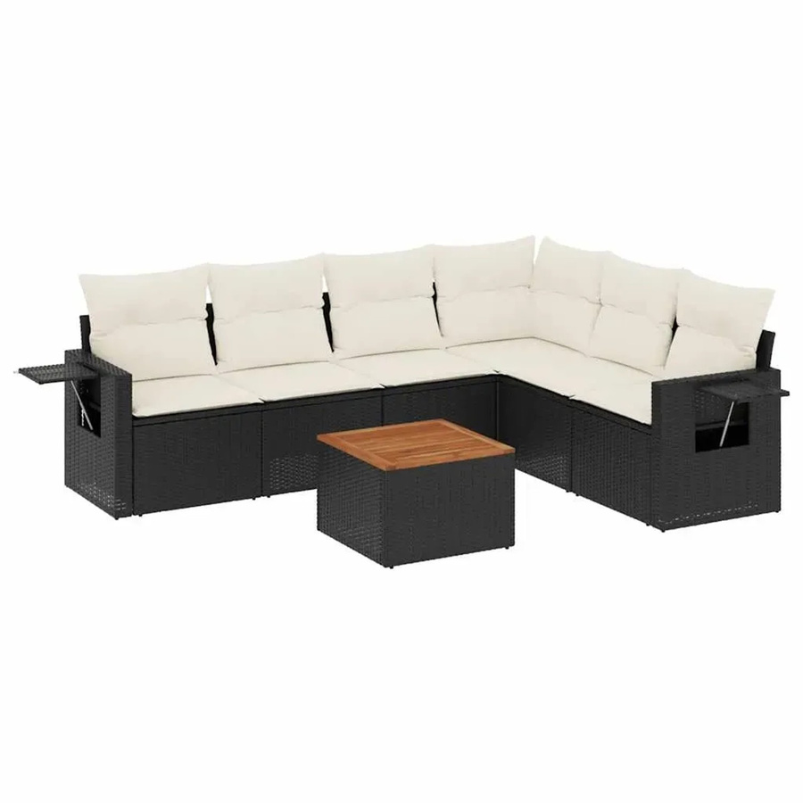 vidaXL 7-teilige Garten-Sofagarnitur aus Poly-Rattan und Akazienholz in Schwarz-Creme mit Kissen - Bild 2