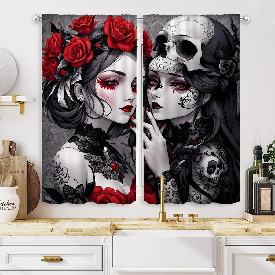 2er-Set Ghost Red Eye Skull Dekovorhang mit schwarzer Krawatte, digital bedruckt, Farbe: Schwarz, B: 132 cm, H: 160 cm - Bild 2