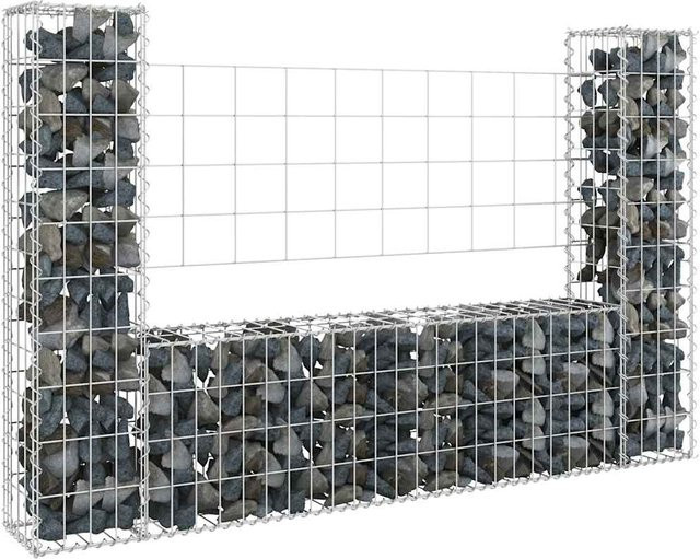 vidaXL Gabionenkorb U-Form aus Eisen mit 2 Säulen in Silber und Grau, B/T/H: 140 x 20 x 100 cm - Bild 2