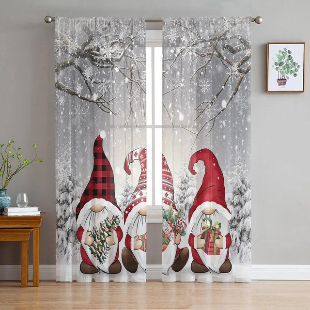 Transparente Tüll Vorhänge mit Weihnachts-Schneeszene und Wichtel in Grau, B: 135 cm, H: 115 cm - Bild 1