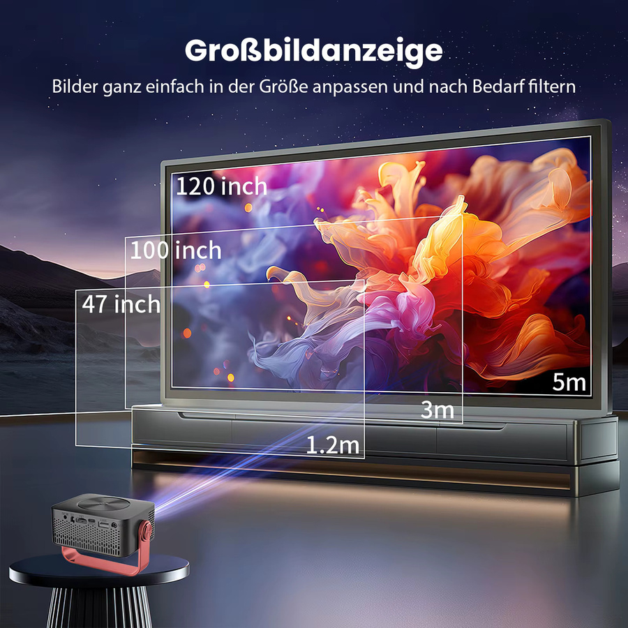 Tragbarer Mini Beamer in Schwarz mit 1080P Full-HD Decoding, Smartphone-Spiegelung und integriertem Lautsprecher inklusive verstellbarem Ständer - Bild 2