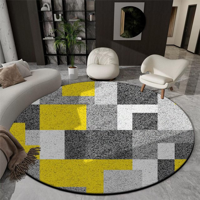 Karpetti Runder Teppich mit geometrischem Design in Gelb, weicher Plüschteppich für Wohnzimmer und Schlafzimmer, rutschfest und waschbar, Durchmesser: 100 cm - Bild 1