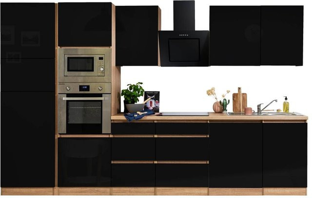 Respekta Küchenblock Premium schwarz hochglänzend mit Eiche Elementen B/H/T: 345 x 220,5 x 60 cm - Bild 1