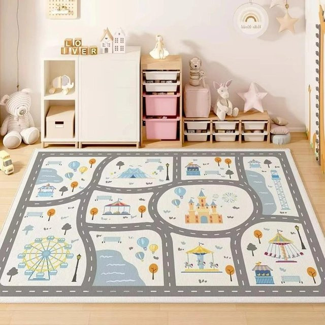 Lodestar Kinderteppich mit Cartoon Stadt und Straßenzug, weiche und flauschige Spielmatte für das Kinderzimmer, Mehrfarbig, B/T: 60 x 40 cm - Bild 1