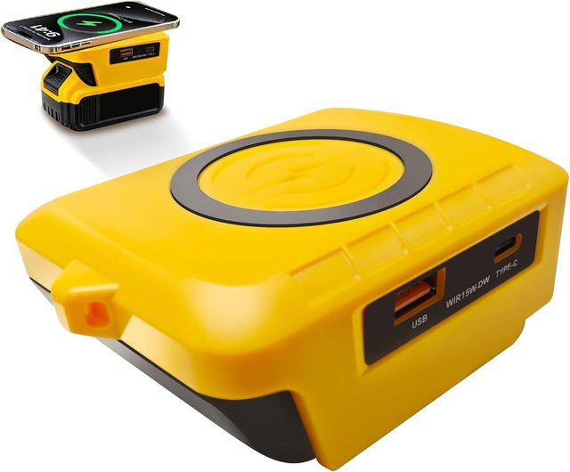 Dewalt Kabelloser Ladegerät-Adapter für 20 V Akku mit USB-C und USB 2,1 A Schnellladeanschlüssen, 15 W max., Gelb - Bild 1