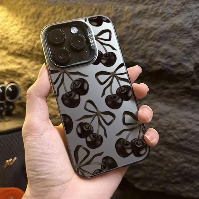 Stoßfeste Handyhülle Black Cherry Bow mit Galvanisierung in Silber für iPhone 16 15 14 13 12 11 Pro Max XS X XR 7 8 Plus mit IMD Laser-Technologie - Bild 1