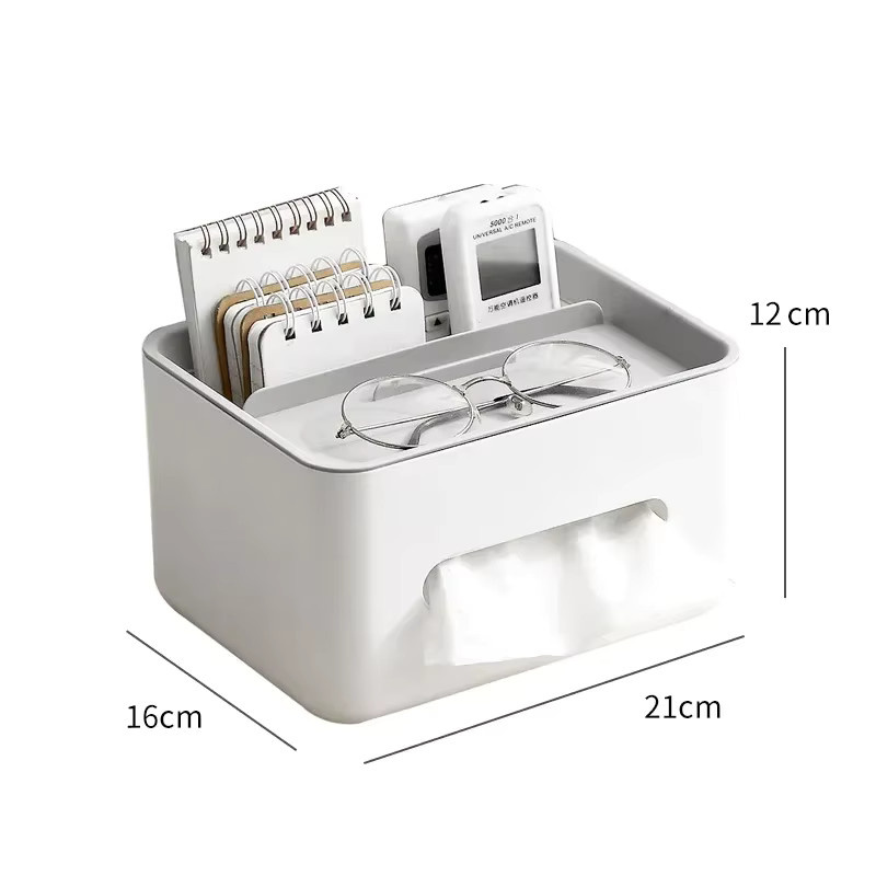 Multifunktionaler Schreibtisch-Organizer aus Kunststoff als Taschentuchbox und Serviettenhalter in Weiß mit mehreren Fächern für Fernbedienungen und Kleinteile, B/T/H: 21,0 x 12,0 cm - Bild 2