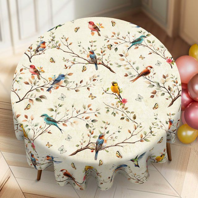 Visect Tischdecke Set aus Polyester mit Herbst-Vogel- und Schmetterlingsmuster, 1 runde Tischdecke und 4 selbstklebende Tischdecken mit Vogelmotiven - Bild 1