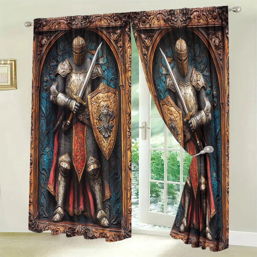 VOZMIO 2er Set dekorative Vorhänge mit mittelalterlichem Ritter-Holzschnitzerei-Motiv in ästhetischem Design - Bild 3