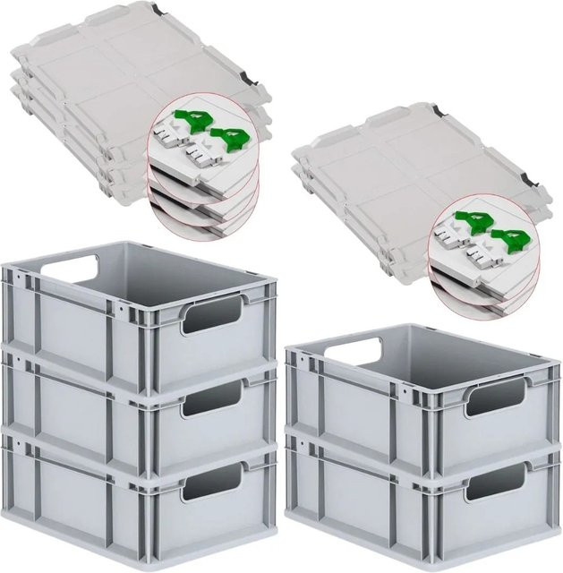 PROREGAL Spar Set 5x Eurobox Nextgen Economy mit Scharnierdeckel und grünen Schiebeschnappverschlüssen, Grau/Grün, H x B x T: 17 x 30 x 40 cm - Bild 1