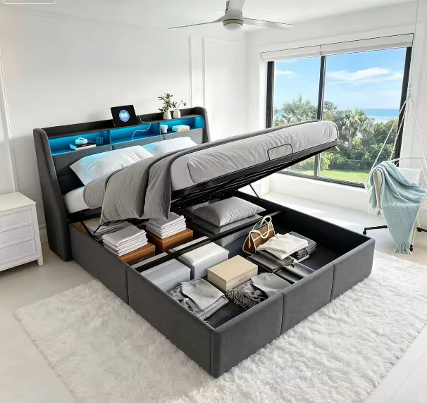 Gepolstertes Stauraumbett aus Samt in Grau mit hydraulischem Liftsystem und USB-Typ-C-Ladefunktion, B/T: 140 x 190 cm - Bild 2