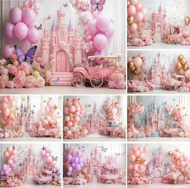VIKAMA Dreamy Pink Castle Carriage Fotohintergrund in Pink für Kindergeburtstage und Portraitfotografie - Bild 1