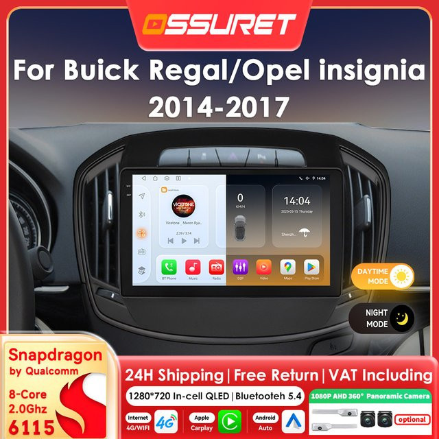 OSSURET 9 Zoll 2DIN Android 14 Autoradio mit Carplay und GPS für Buick Regal und Opel Insignia, Schwarz - Bild 1