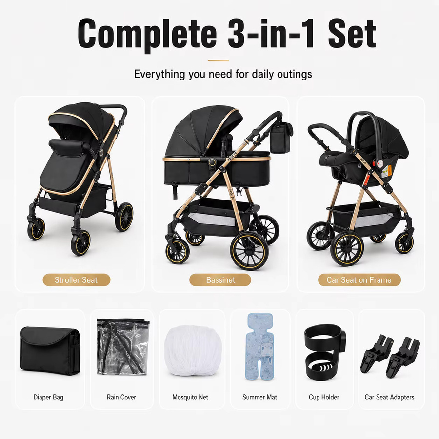 Prokoke 3 in 1 Kinderwagen Reisesystem mit Babywanne in Schwarz, faltbar und mit Federung - Bild 3