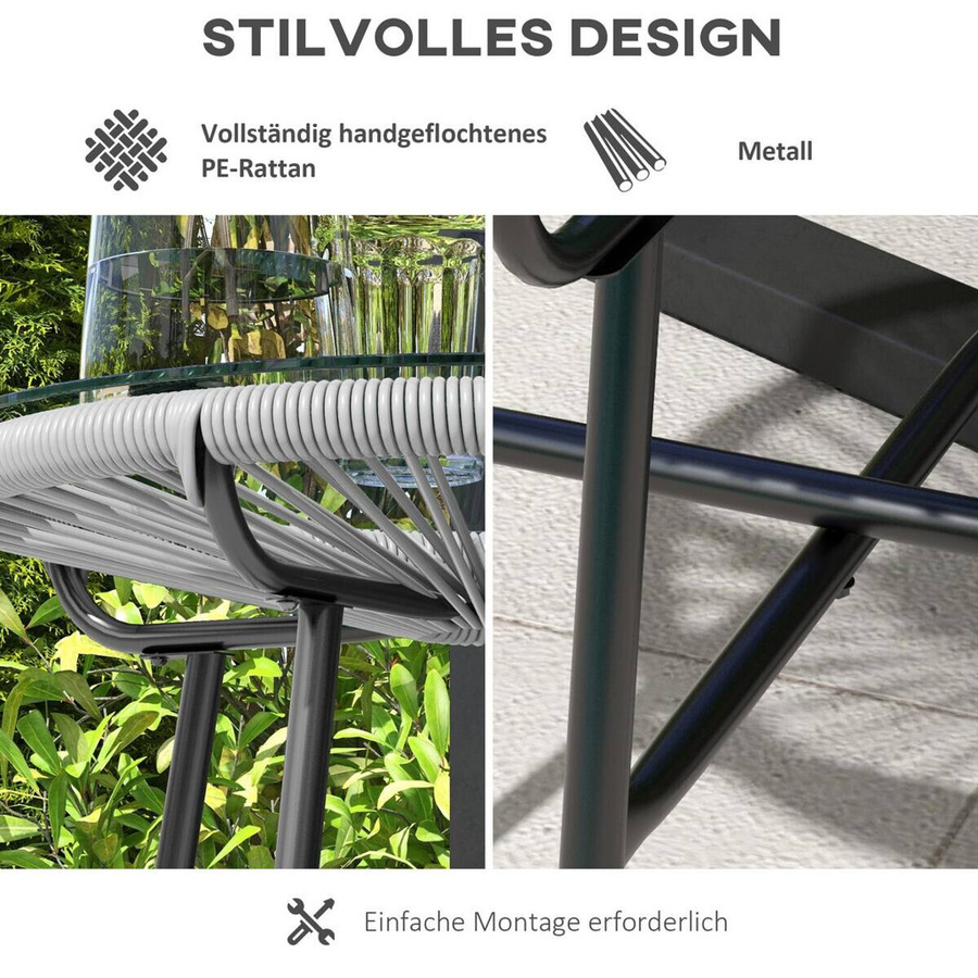 Outsunny Beistelltisch aus PE-Rattan und Metall in Grau mit Glasplatte im Boho-Stil, B/T/H: 50 x 50 x 50 cm - Bild 4