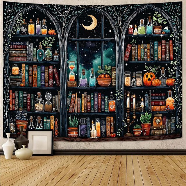 Wandteppich JMG Household Supplies Magisches Bücherregal im Dark Academia Stil mit Hexen-Motiv, B/H: 70 x 100 cm, Mehrfarbig - Bild 1
