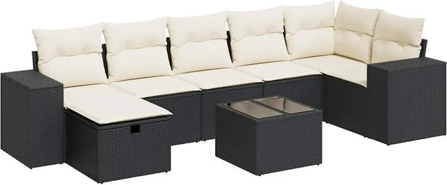 vidaXL 8-teilige Garten-Sofagarnitur in L-Form mit Kissen und Ottoman, Schwarz, Poly-Rattan mit Metallgestell - Bild 1