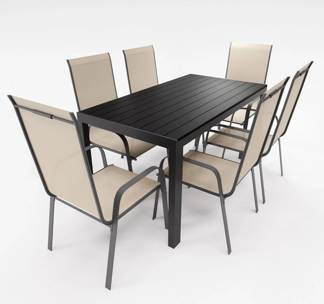 Lex Gartenmöbel Set aus Aluminium mit 7-teiliger Essgruppe inklusive Tisch und 6 Stapelsesseln in Beige - Bild 1