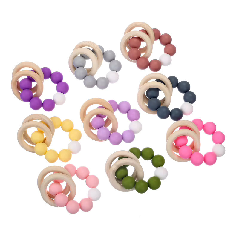Holzspielzeug Baby-Armbänder, Beißring, Silikonperlen, Holzring, Rasseln - Bild 2
