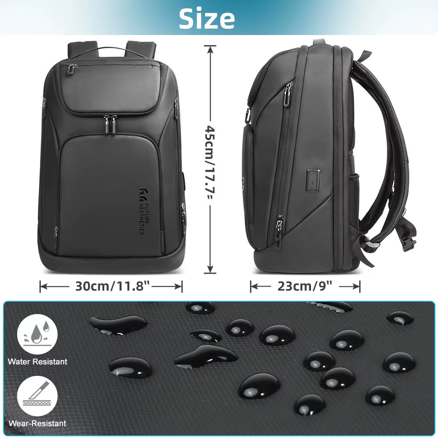 Hk Reise-Rucksack für Männer mit USB-C, wasserdichter Laptop-Rucksack für 17,3 Zoll, Schwarz - Bild 4
