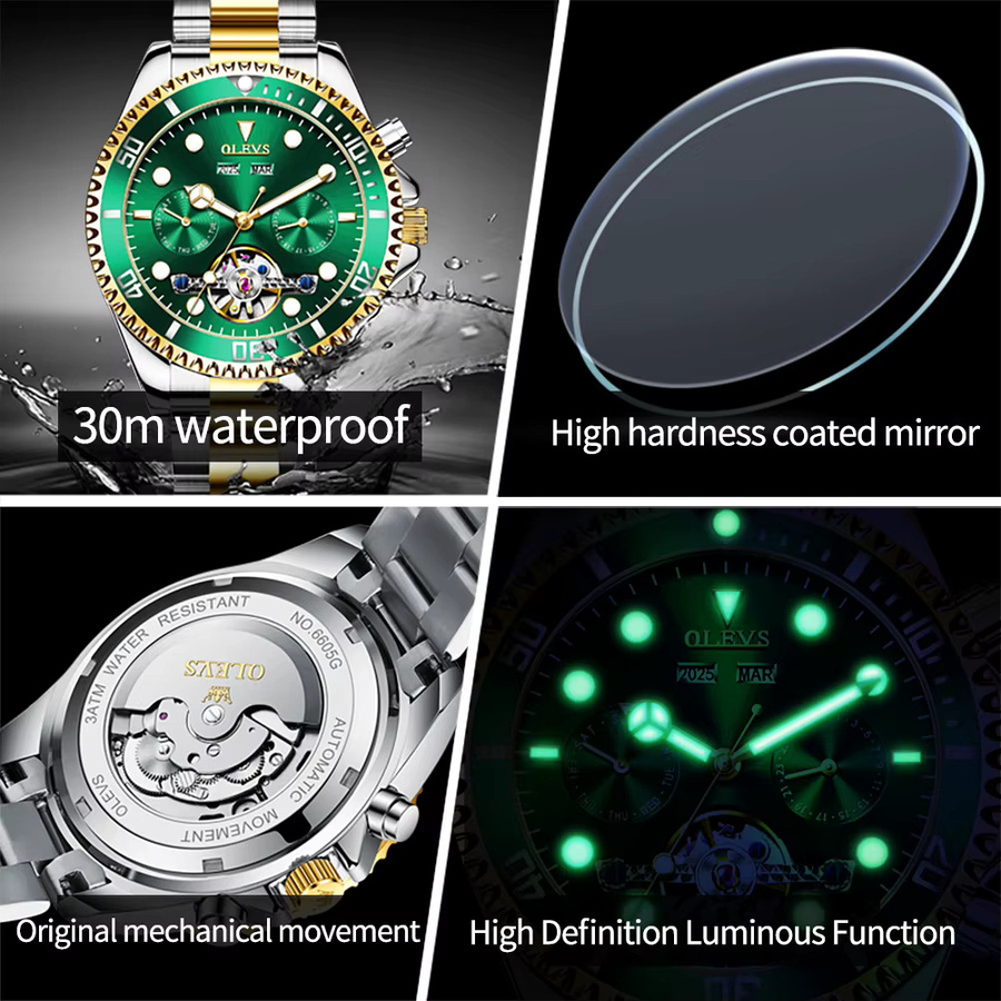 OLEVS Armbanduhr Automatik, Edelstahl, Grün, Gold, Herren - Bild 4