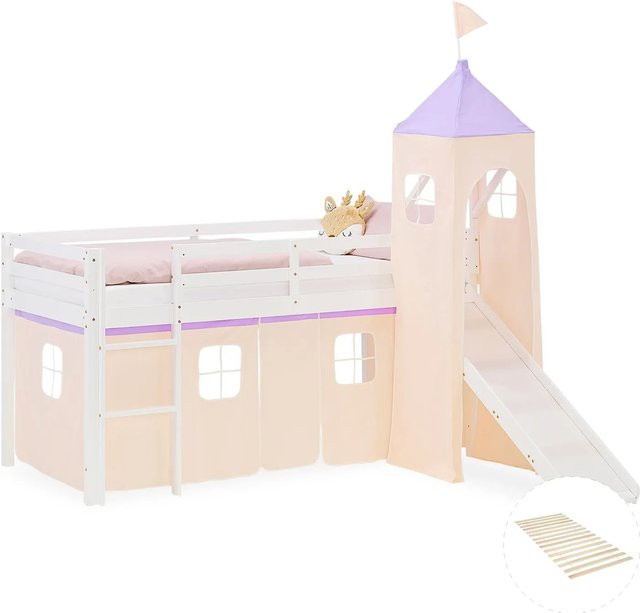 Homestyle4u Kinder Hochbett aus Kiefernholz mit Rutsche und Hausrahmen in Lila Peach, B/T/H: 207,5 x 90 x 228 cm - Bild 1