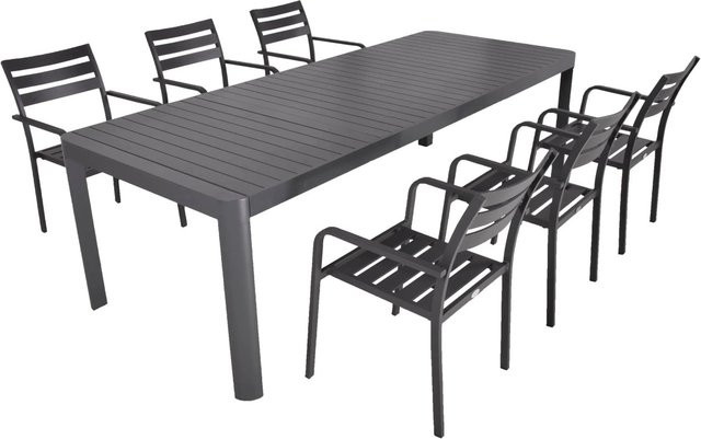 DELUKE Garten-Sitzgruppe ELLA 7-teiliges Gartenmöbel-Set aus Aluminium und Kunststoff in Grau, bestehend aus einem ausziehbaren Esstisch und Stapelstühlen - Bild 1