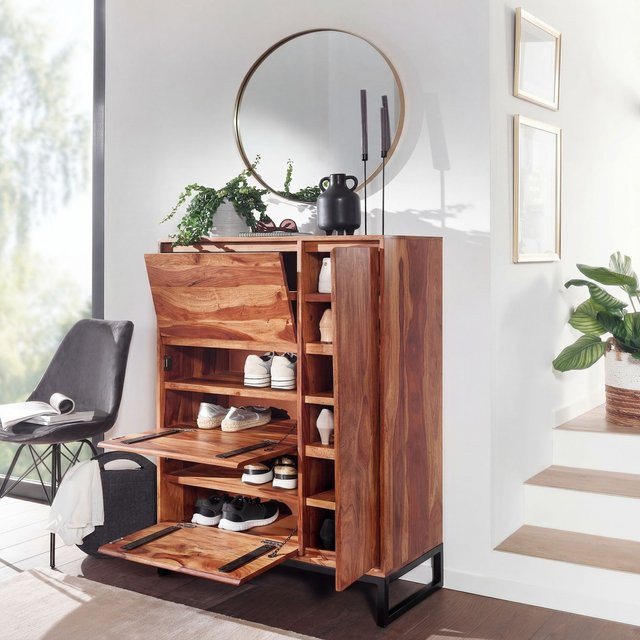 Finebuy Schuhschrank aus Massivholz Sheesham in Braun mit vier Türen, B/T/H: 120 x 40 x 88 cm - Bild 1