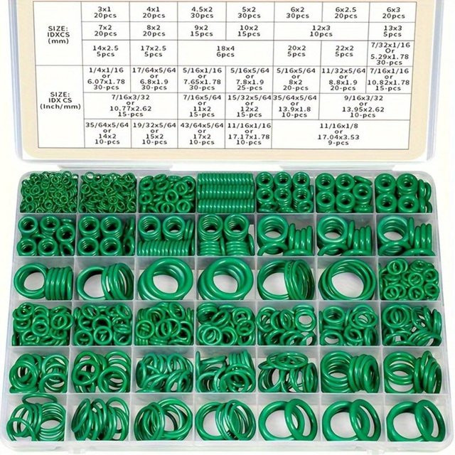 Haixuelec Klimaanlagen O-Ring-Kit Sortimentsset mit 595 Stück Dichtgummi-Ringen in Grau und Grün - Bild 1