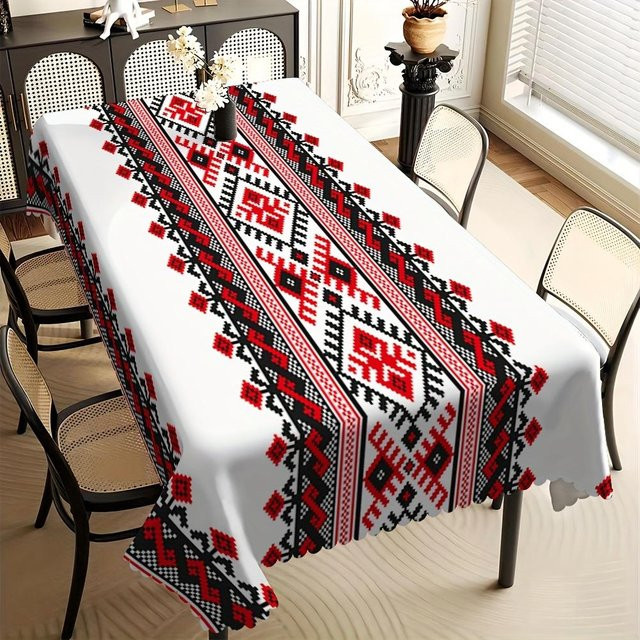Schmutzabweisende Tischdecke von JMG Household Supplies mit geometrischem Ethno-Muster in Rot, Schwarz und Weiß, B/T: 140 x 200 cm - Bild 1