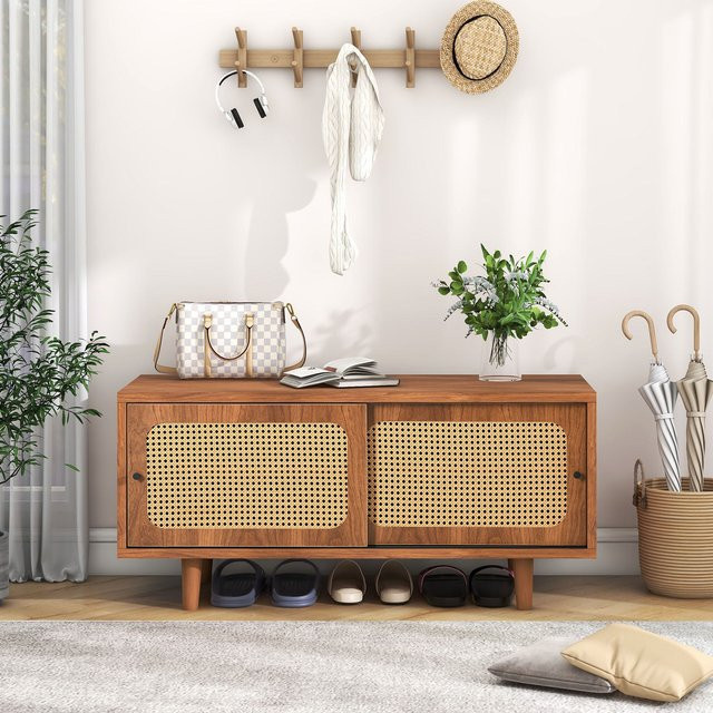 Aosom Schuhschrank mit 2 Schiebetüren im Rattanflecht-Design, Naturfarbe, B/T/H: 104 x 40 x 48 cm - Bild 1
