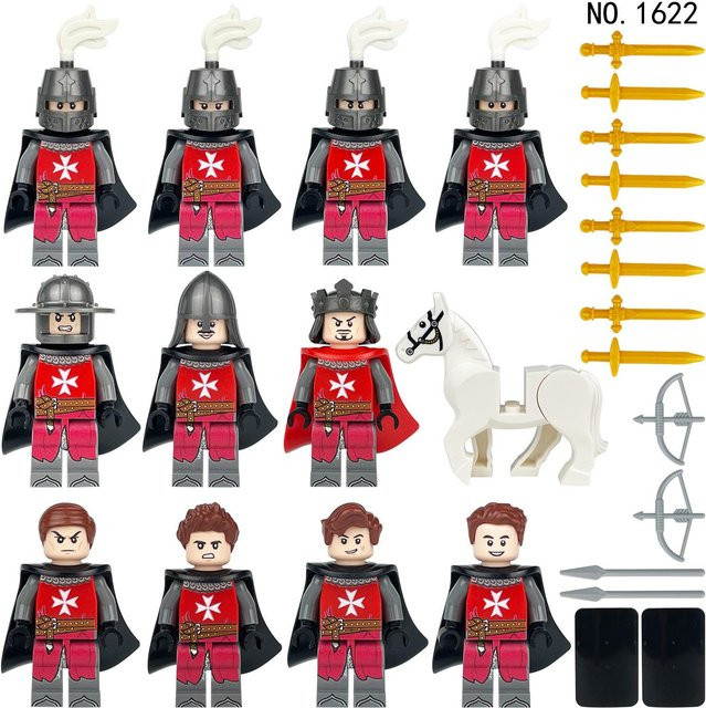 Fun Building Blocks Mittelalterlicher Soldat Ritter Figur, Weißes Pferd, Schild Zubehör, ab 6 Jahren - Bild 1