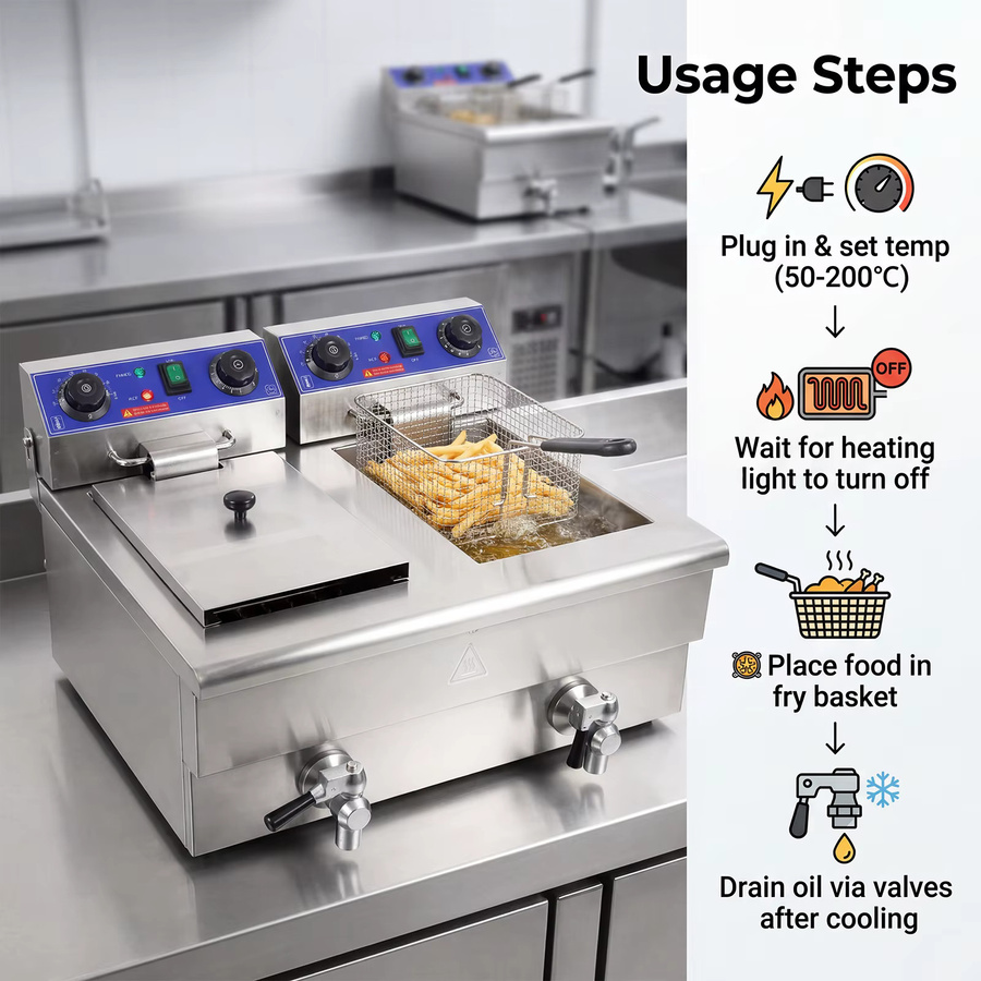 Podofo Elektrische Doppel-Fritteuse aus Edelstahl mit 3000W Leistung, 20L Volumen und automatischem Timer, Silber - Bild 6