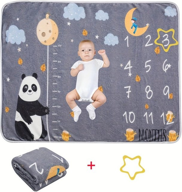 VIKAMA Baby-Fotografie-Decke mit Cartoon-Panda-Motiv in Grau als Meilenstein-Gedenkkalender für Neugeborene und zur Taufe - Bild 1
