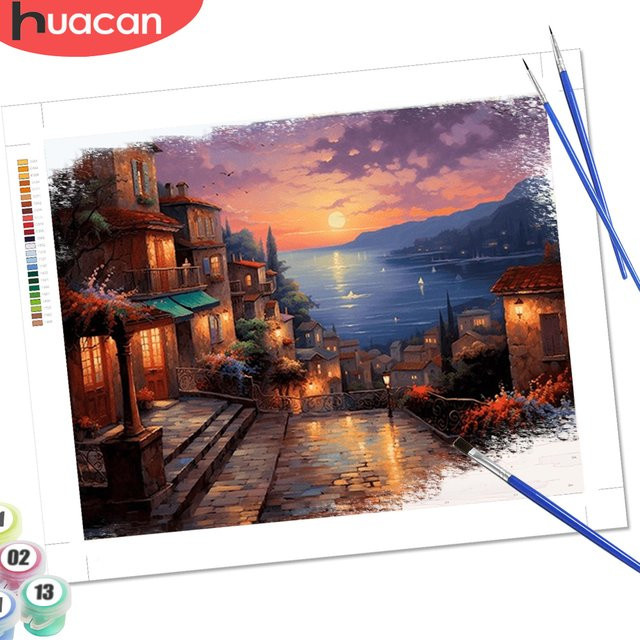 HUACAN Malen nach Zahlen House Harbor Landschaft mit Meer Motiv in Multicolor als handgemachtes Dekor für dein Zuhause - Bild 1