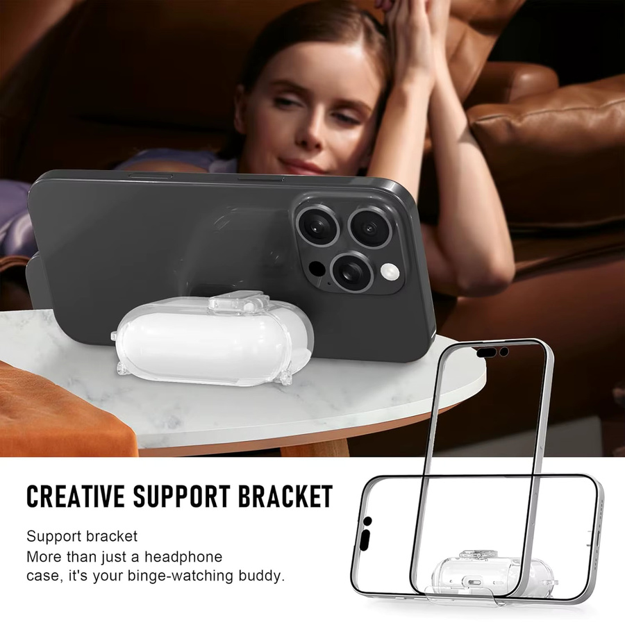 Transparente TPU-Schutzhülle für AirPods Pro 3, Pro 2 und AirPods 4 mit automatischer Pop-Up-Abdeckung, Trageschlaufe und Telefonhalterung in Transparent oder Blau - Bild 4