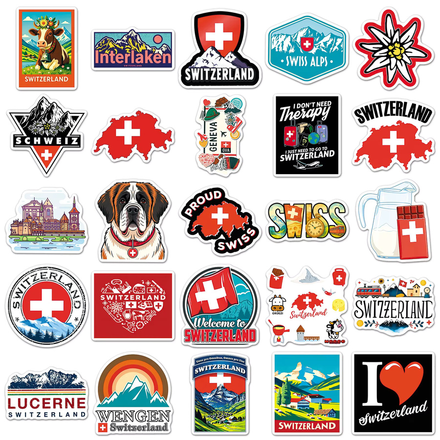 50 Stück Schweiz-Reiseaufkleber, wasserfeste Sticker mit Alpen- und Schweizer Flagge in Multicolor für Laptop, Wasserflasche und Scrapbook - Bild 3