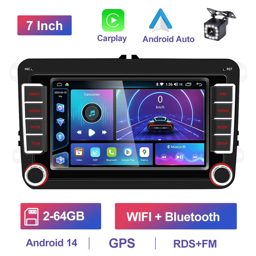 Gearelec Android 14 2 DIN Autoradio mit Carplay und Android Auto in Schwarz für Volkswagen VW Caddy Golf V VI Plus Touran Passat B6 Polo Jetta sowie Skoda Octavia und Seat Toledo - Bild 6