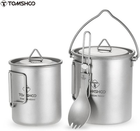 TOMSHOO Titan Camping Kochset 3-teilig in Silber, bestehend aus Topf mit 750 ml, Becher mit 450 ml und Deckel, zusammenklappbar