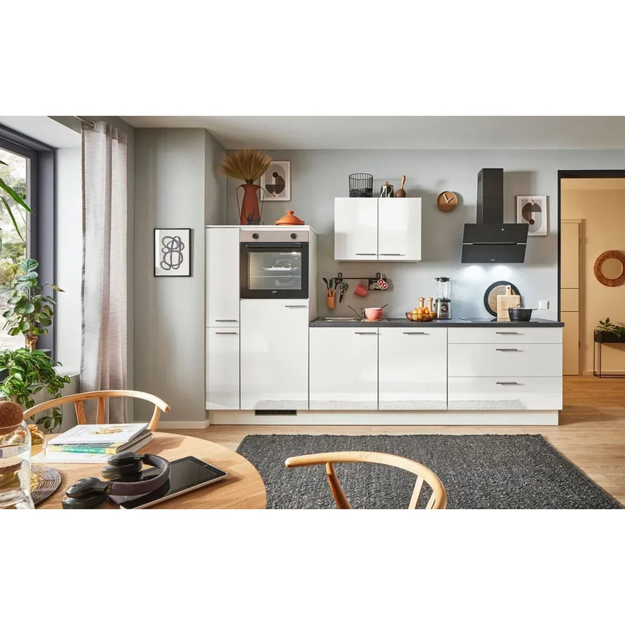 pino Küchenzeile Weiß Hochglanz mit Seitenschrank und Geräteanschluss, Breite: 310 cm - Bild 2