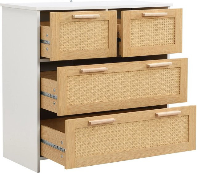 okwish Sideboard mit 4 Schubladen in Weiß mit Rattan-Design und Massivholzgriffen für dein Wohnzimmer, B/T/H: 80 x 38 x 80 cm - Bild 1